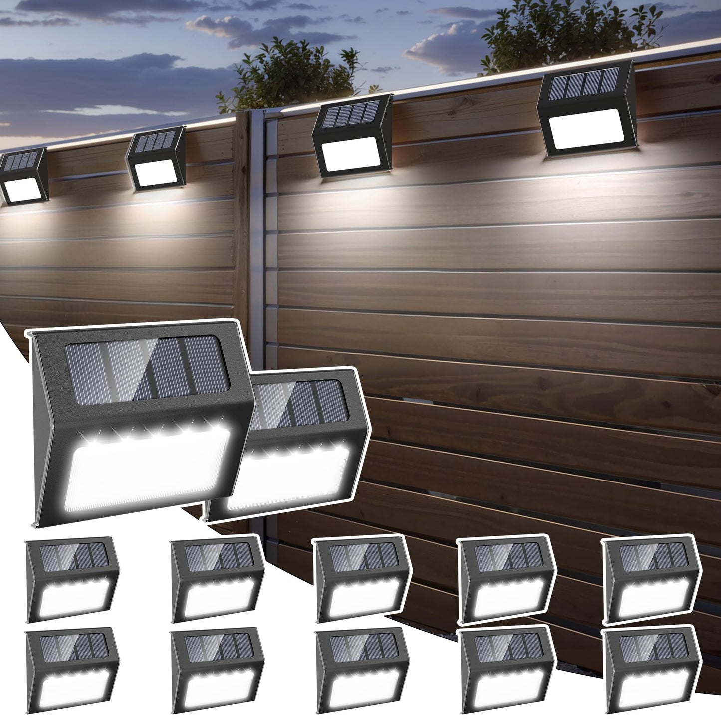 lightwiwu Solar Lights Outdoor Waterproof, 12 Pack Solar Fence Lights Auto On/Off, Bright LED Outdoor Lighting for Fence, Patio, Deck, Garden, Pathway, Cold White Light with Black Shell